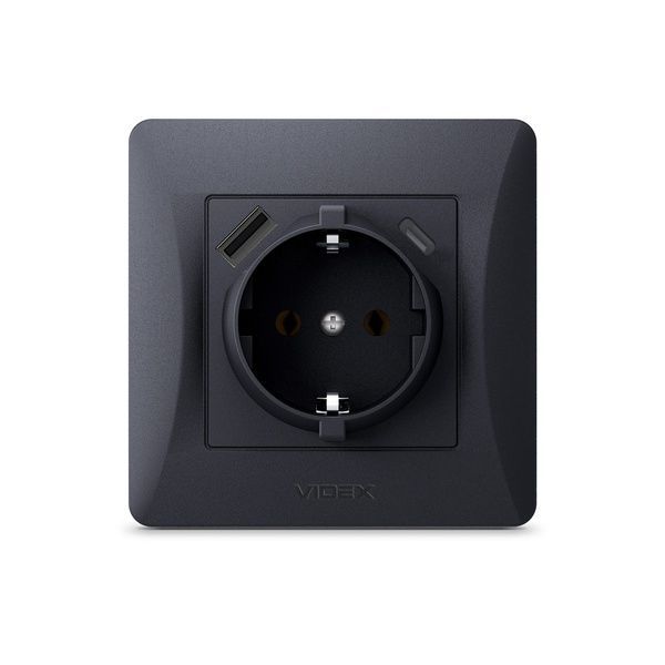 Розетка одинарная с заземлением с USB+USB-C чёрный графит VIDEX BINERA VF-BNSK1GUC-BG фото