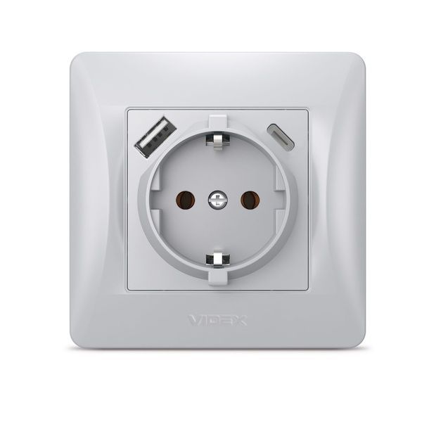 Розетка одинарная с заземлением с USB+USB-C серебристый шёлк VIDEX BINERA VF-BNSK1GUC-SS фото