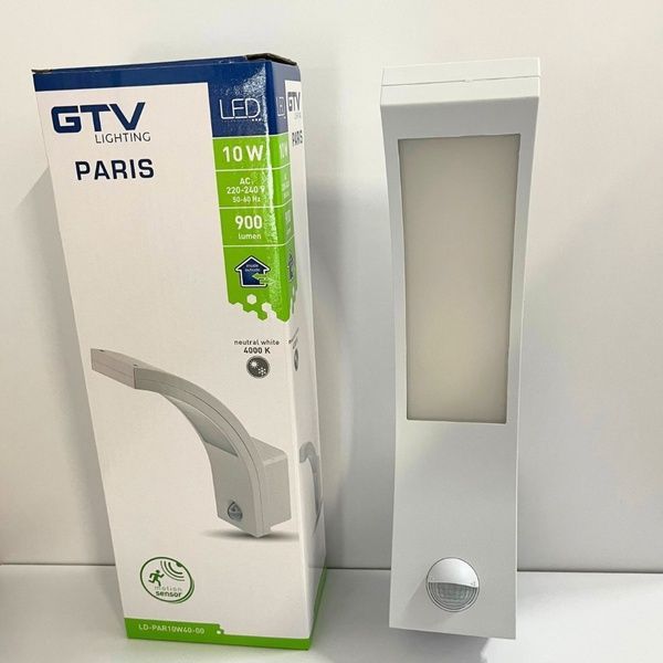 Светильник 10W настенный фасадный GTV LED PARIS с датчиком движения, IP54, 9m, 4000K, белый LD-PAR10W40-00 фото