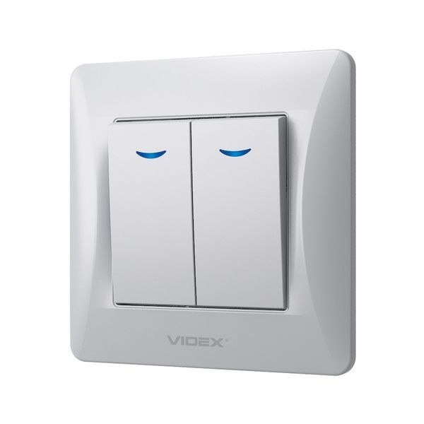 Выключатель двухклавишный с подсветкой серебристый шёлк VIDEX BINERA VF-BNSW2L-SS фото
