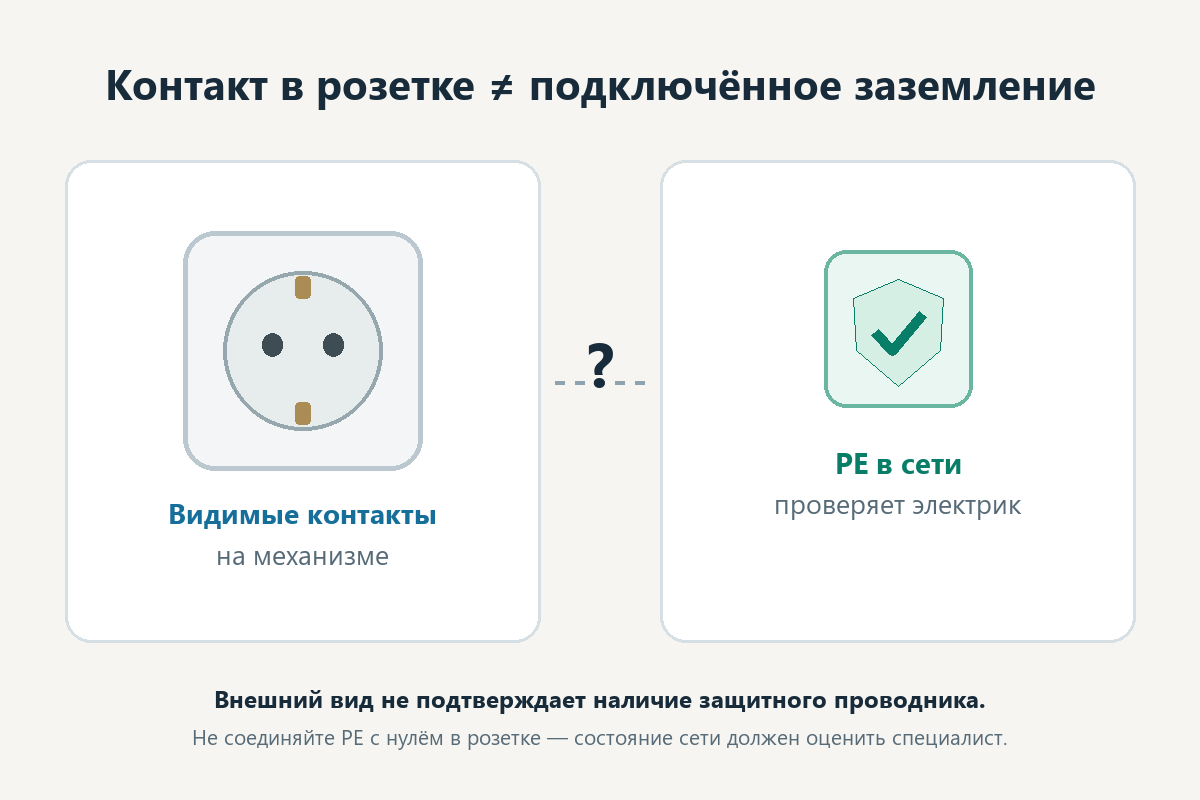 Сравнение видимых контактов розетки и проверки PE в сети электриком