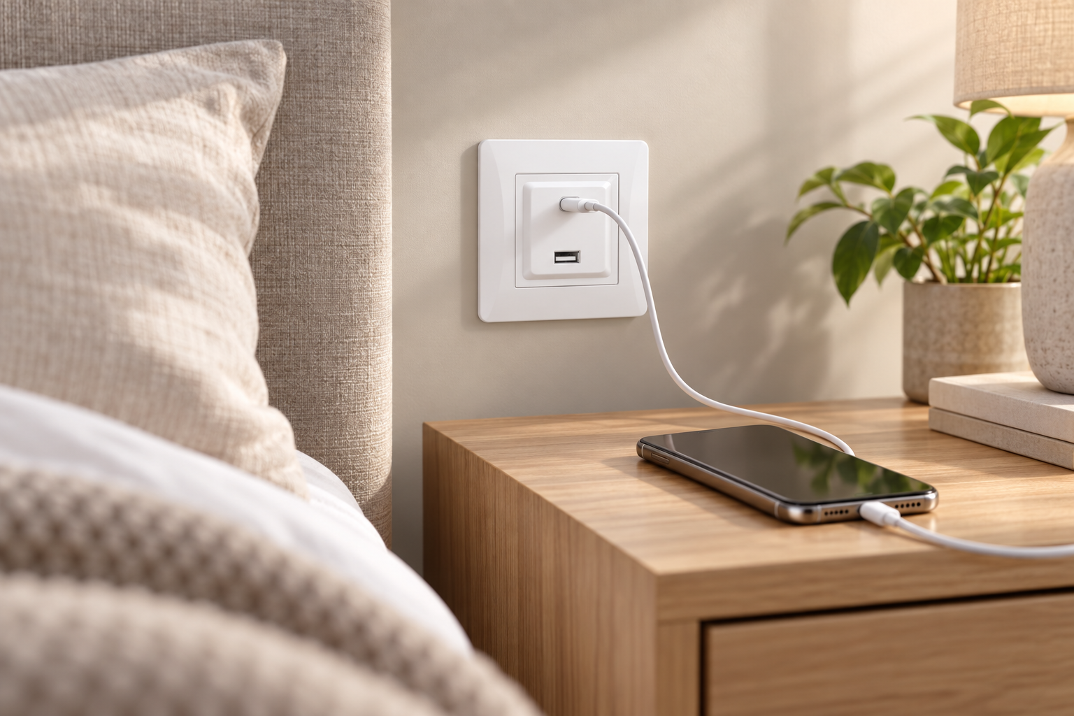 Розетка з USB-A та USB-C біля ліжка для заряджання смартфона