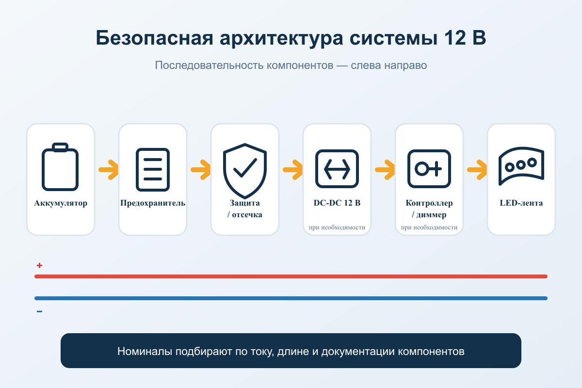 Схема подключения LED-ленты 12 В к аккумулятору через предохранитель и контроллер