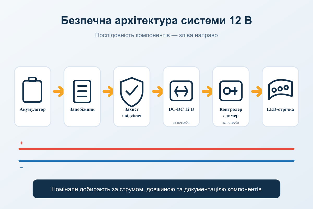 Схема підключення LED-стрічки 12 В до акумулятора через запобіжник і контролер
