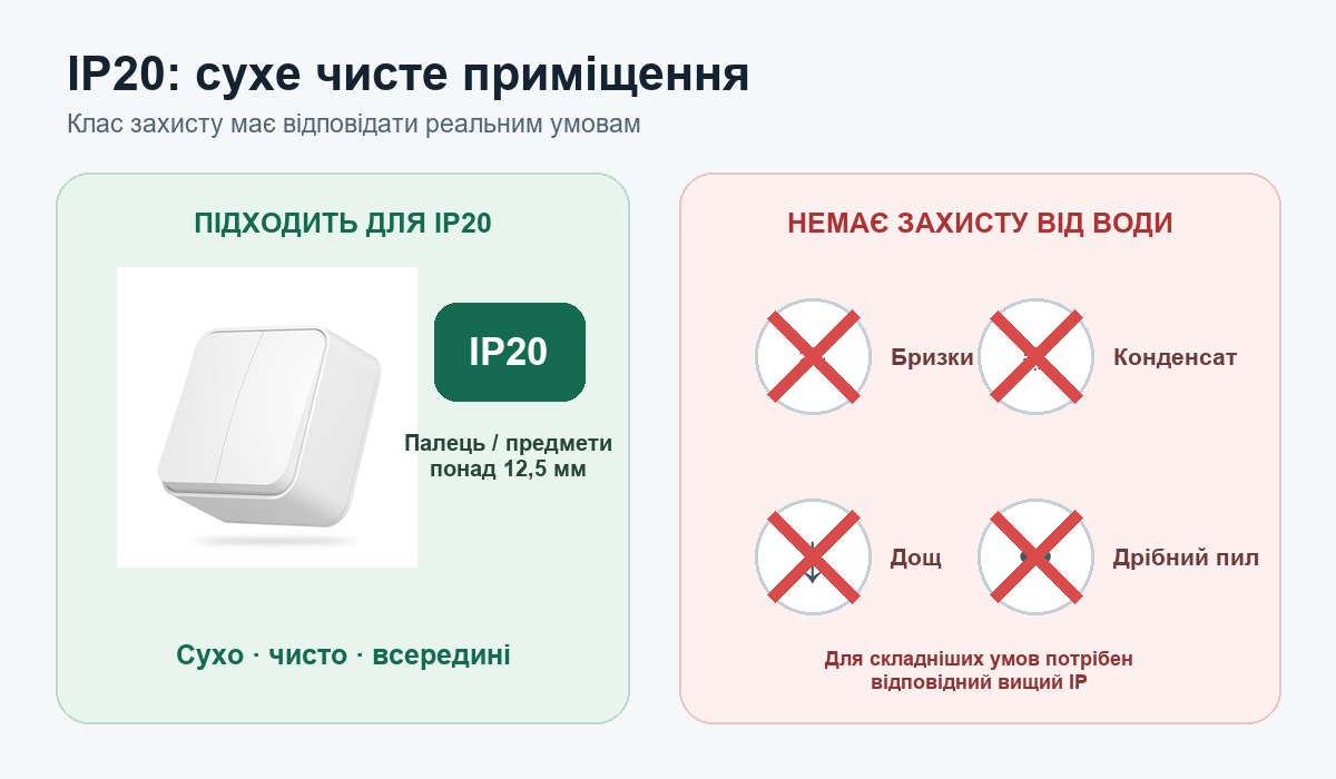 Межі використання електрофурнітури IP20 у сухих приміщеннях