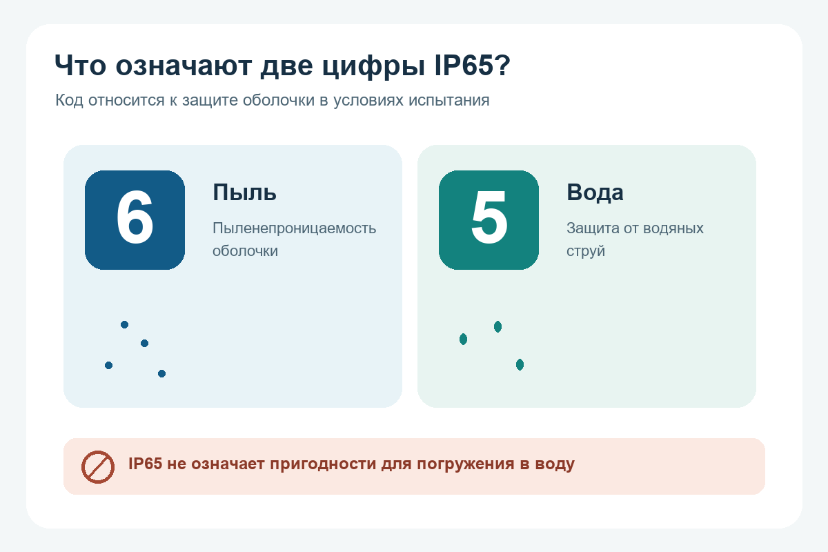 Две цифры IP65: защита от пыли и водяных струй без погружения