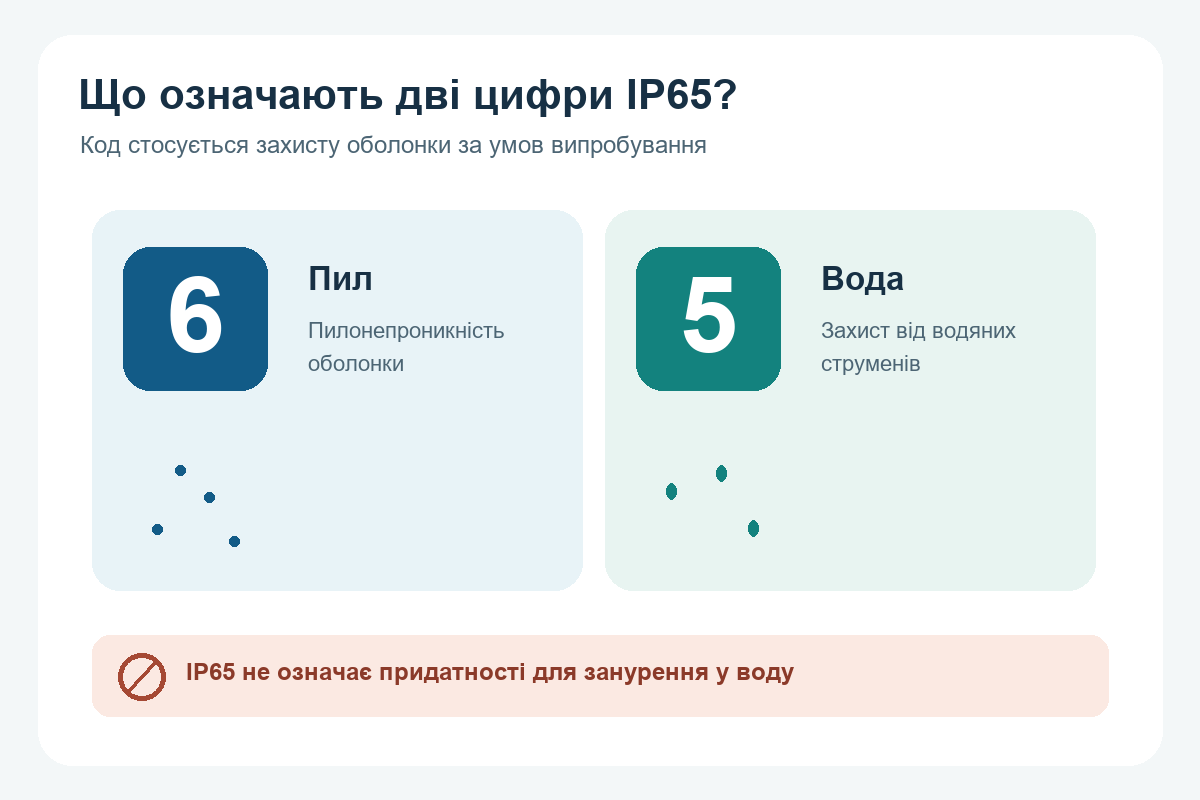 Дві цифри IP65: захист від пилу та водяних струменів без занурення