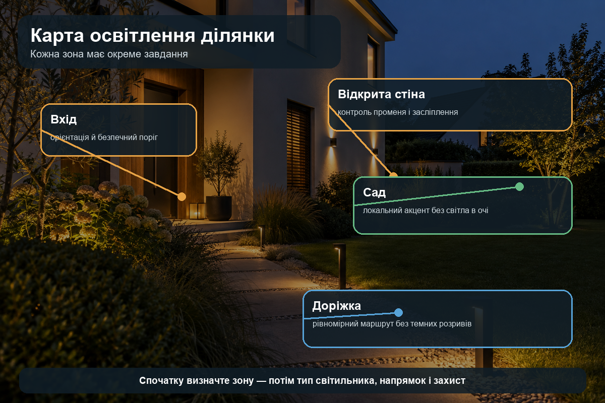 Карта зон вуличного освітлення для входу, фасаду, доріжки та саду
